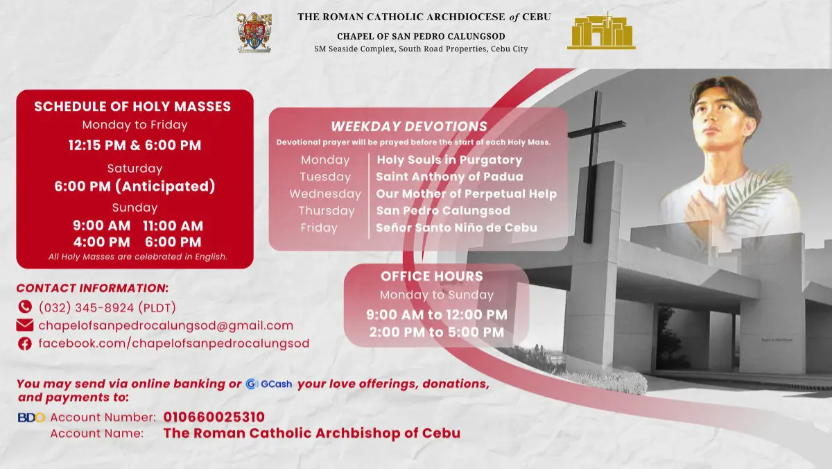 Chapel of San Pedro Calungsod, SM Seaside Cebu Mass Schedule