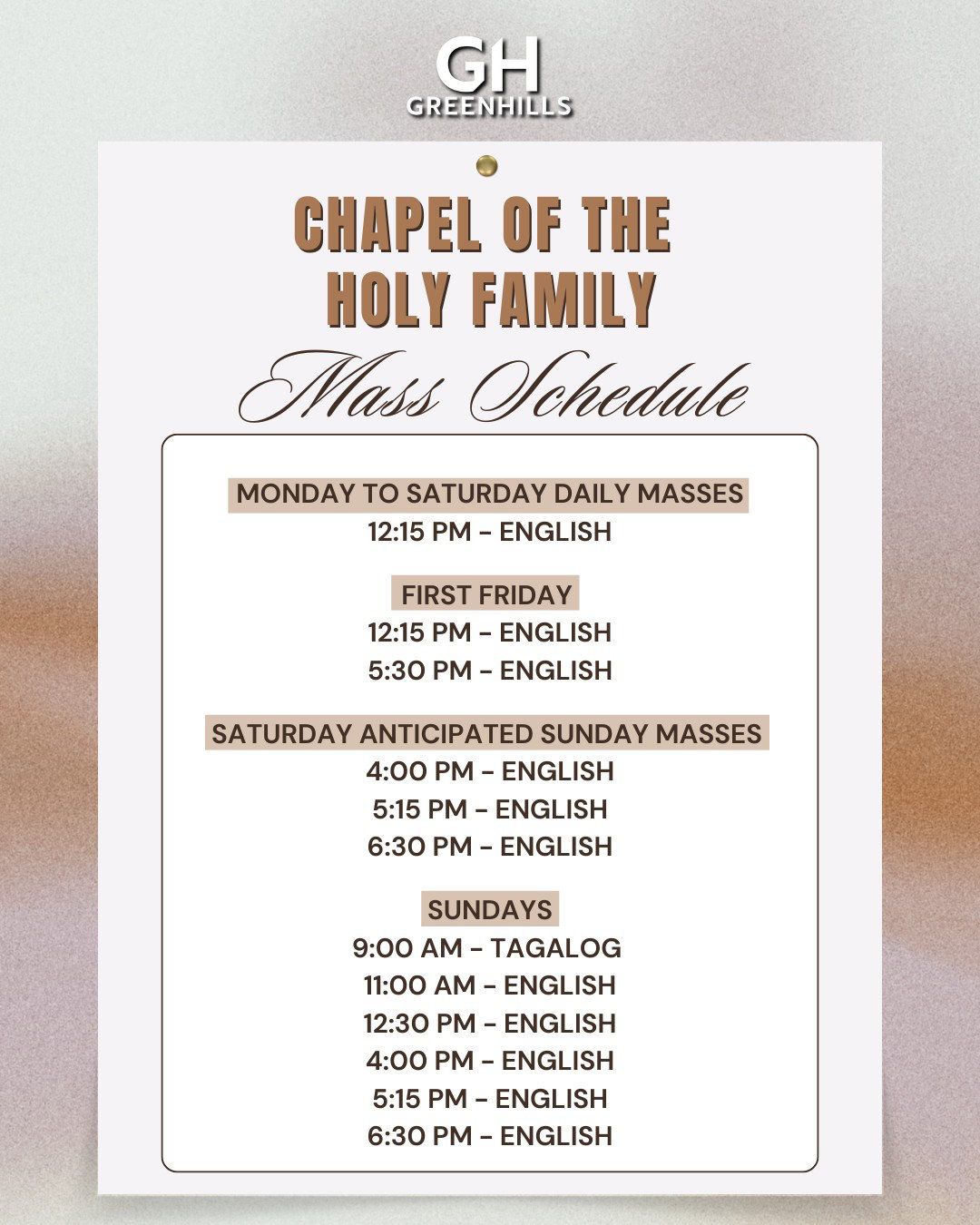 Chapel of the Holy Family (Greenhills Mall) Mass Schedule
